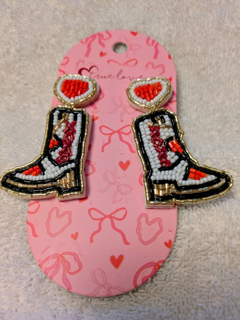 Beaded Cowboy Boot Earrings with Heart Studs - Red, White, Black, Gold  Adorabl